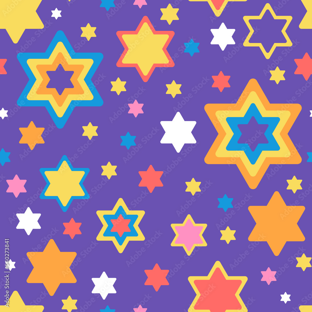 Star of David seamless pattern in bright colours on purple background Vector illustration for Hanukkah holiday, wrapping paper, textile, fabric and packaging decoration Star of David seamless pattern in bright colours on purple background Vector illustration for Hanukkah holiday, wrapping paper, textile, fabric and packaging decoration