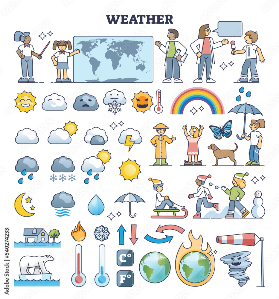Weather reporter elements for kids meteorology in outline collection set. Child television broadcast items with temperature and precipitation forecasting vector illustration. Child TV announcer career Weather reporter elements for kids meteorology in outline collection set. Child television broadcast items with temperature and precipitation forecasting vector illustration. Child TV announcer career