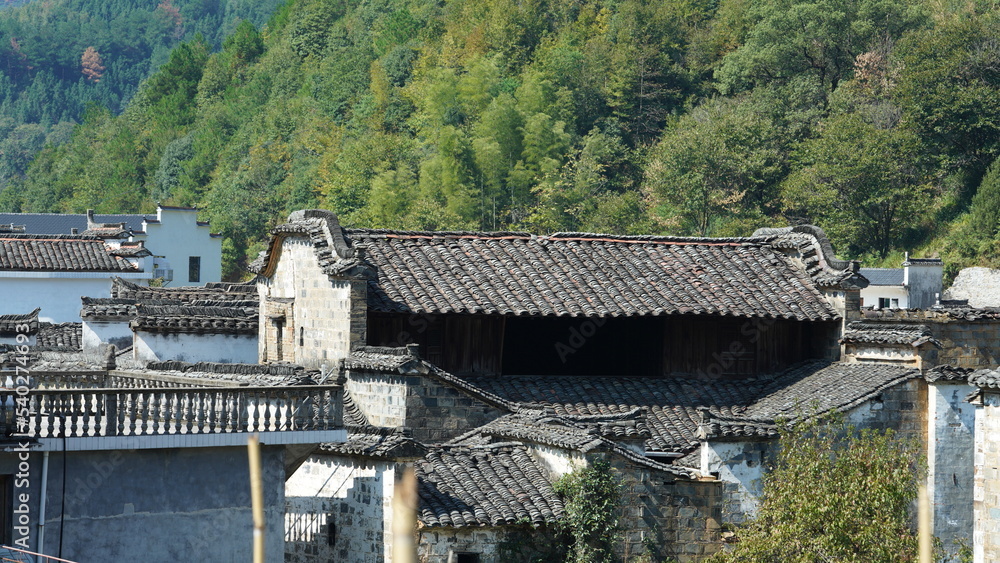 The beautiful traditional Chinese village view with the classical architecture and fresh green trees as background