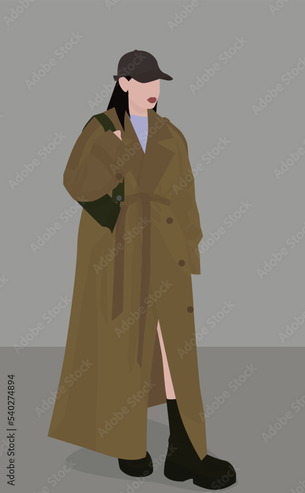 Vector flat image of a dark-haired girl in a cap. A lady in a long trench coat, black boots and a small bag. Design for avatars, posters, backgrounds, templates, banners, textiles. Vector flat image of a dark-haired girl in a cap. A lady in a long trench coat, black boots and a small bag. Design for avatars, posters, backgrounds, templates, banners, textiles.