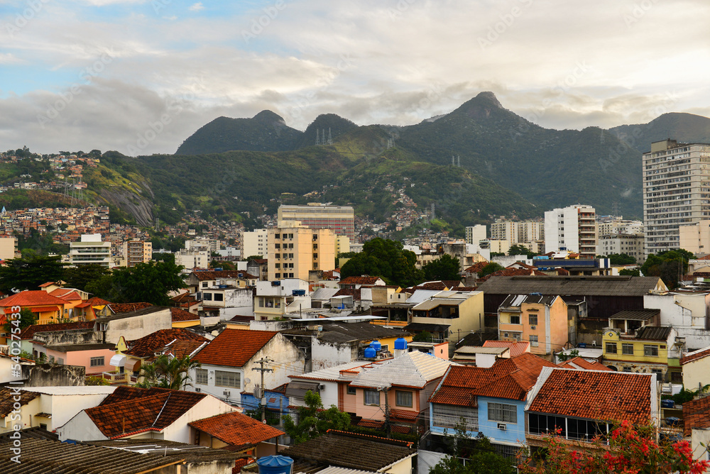The working class district of Andaraí surrounded by favelas and the peaks and Atlantic rainforest of Tijuca National Park in the Zona Norte, or North Zone of Rio de Janeiro, Brazil