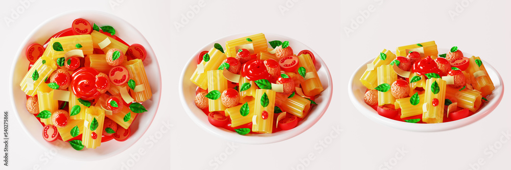 3d illustration of dinner, with italian pasta on a white background. 3D rendering of a cartoon dinner.