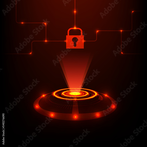 unsafe podium futuristic visualization projector design with red neon light technology lock communication background. circle shines a hologram digital bright dangerous signal abstract vector design.