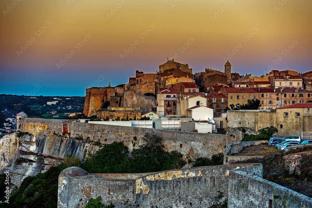 France. Corsica. Bonifacio. The old town and the walls at sunset