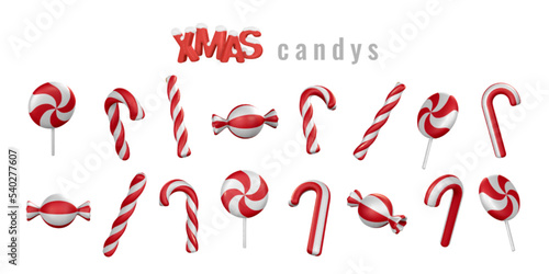 Set of 3d Christmas candies. Template for xmas or New Year greeting card. Vector illustration