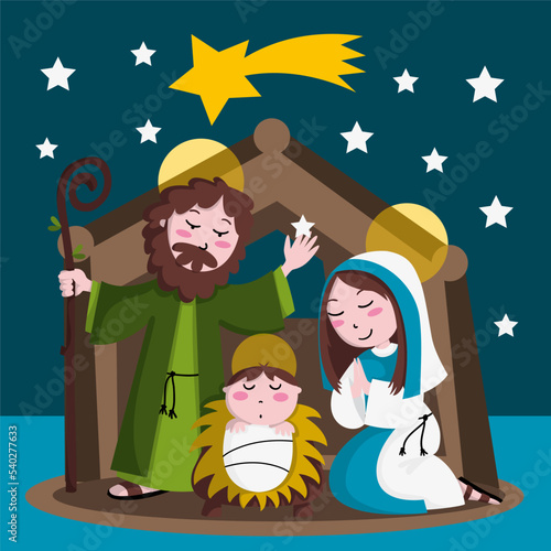Illustration of the birth of Jesus in the portal of Bethlehem photo