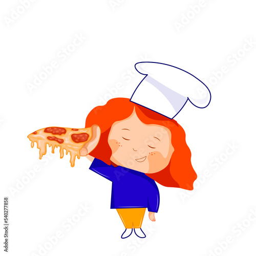 vector illustration of pizza. pizza. pizzeria. the girl holds a piece of pizza in her hands. pizzaiola pizza ad banner, advertising a profitable discount for a pizzeria, cook, cartoon, chef, illustrat
