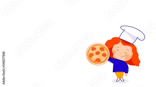 vector illustration of pizza. pizza. pizzeria. the girl holds a pizza in her hands. pizzaiola pizza ad banner, advertising a profitable discount for a pizzeria