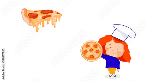 vector illustration of pizza. pizza. pizzeria. the girl holds a pizza in her hands. pizzaiola pizza ad banner, advertising a profitable discount for a pizzeria. a slice of pizza