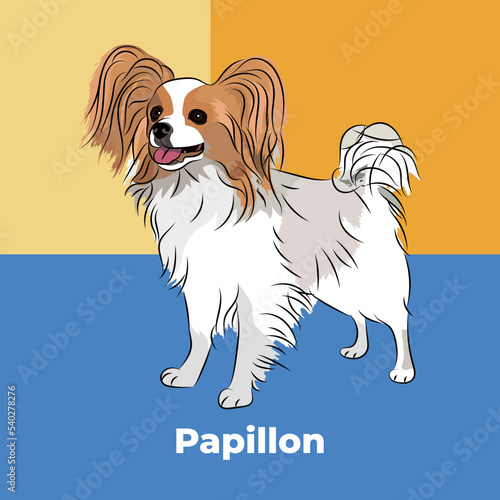 Greeting card with a sitting staying Papillon breed dog. Colorful dog art. The postcard is for dog lovers. Pet character postcard art. Funny dog mascot, and a detailed pet illustration. White & lemon.