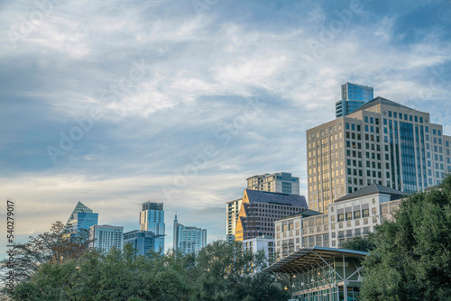 Austin, Texas- District area of Austin with high-rise buildings against the cloudy sky © Jason