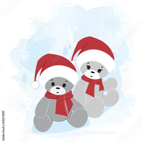 Two teddy bears in a Santa Claus hat on a winter background. Christmas greeting card.
