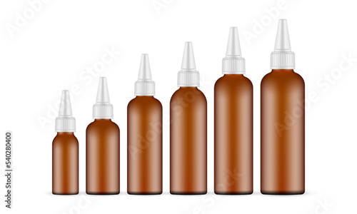 Amber Plastic Squeeze Bottles With Twist-Open Dispensing Cap, Various Sizes, Isolated on White Background. Vector Illustration