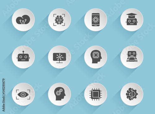 artificial intelligence vector icons on round puffy paper circles with transparent shadows on blue background. artificial intelligence stock vector icons for web, mobile and user interface design