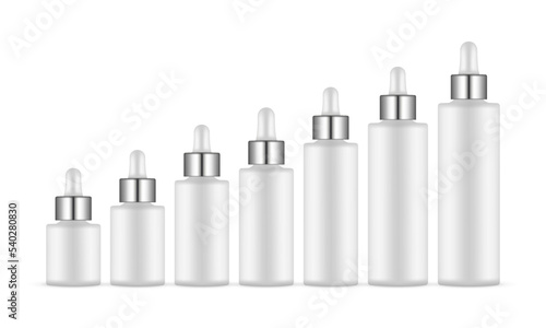 Set of Dropper Bottles With Metal Caps, Essential Oil or Serum, Various Sizes, Isolated on White Background. Vector Illustration