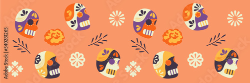 Patrón iconos y vectores de calaveras del Día de los Muertos, flores, cempasúchil, textura. Halloween. Fiesta de la tradición mexicana. Día de los muertos calavera de azúcar.