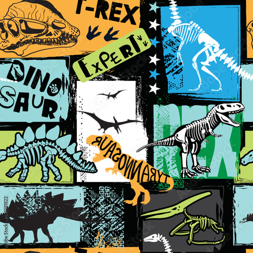 Seamless  Dino pattern, print for T-shirts, textiles, wrapping paper, web. Original design with t-rex,dinosaur.  grunge design for boys . 