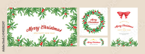 Merry Christmas and Happy New Year greeting card. Watercolor wreat floral border illustration vector.