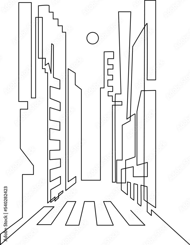 Megacity with skyscrapers. High-rise buildings on the sides of the road. Sunrise or sunset or moon. Continuous line drawing. Vector illustration. Megacity with skyscrapers. High-rise buildings on the sides of the road. Sunrise or sunset or moon. Continuous line drawing. Vector illustration.