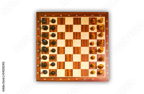 chessboard with all pieces isolated, top down view
