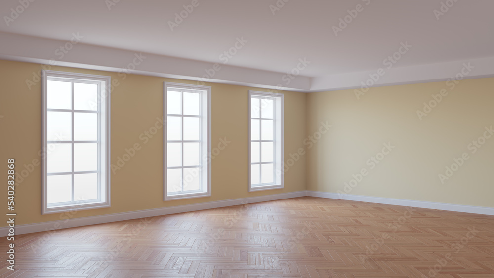 Obraz premium Beautiful Interior with Beige Walls, Three Large Windows, Glossy Herringbone Parquet Flooring and a White Plinth. Concept of the Empty Room. 3D illustration, 8K Ultra HD, 7680x4320, 300 dpi