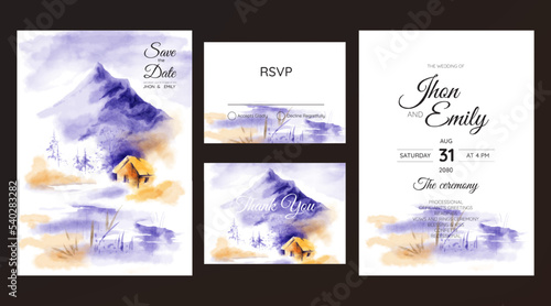 Beautiful mountain landscape watercolor background on wedding invitation