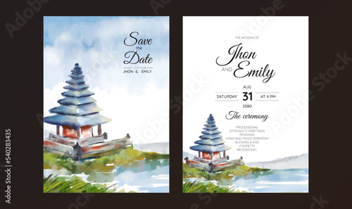 bedugul Bali landscape watercolor background on wedding invitation
