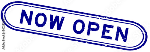 Grunge blue now open word rubber seal stamp on white background
