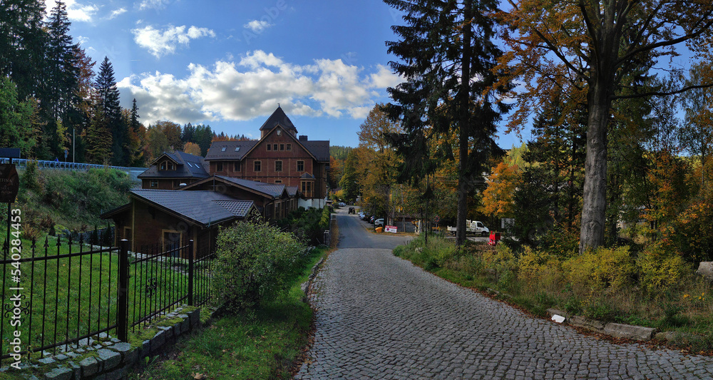 beautiful homes and picturesque nature in autumn. szklarska poreba, poland