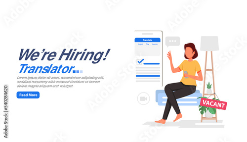 We are hiring. we are hiring language translator announcement. a girl sitting. vacant sign on chair.