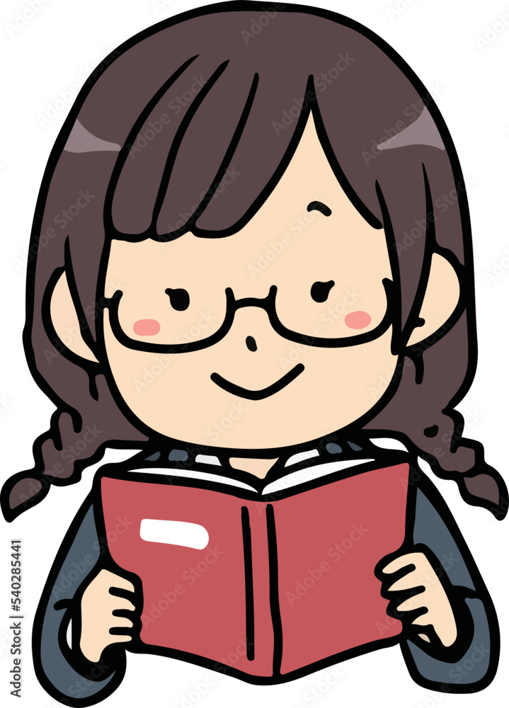 読書するおさげ眼鏡の女子学生のバストアップ 読書するおさげ眼鏡の女子学生のバストアップ