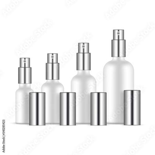 Set of Perfume Bottles With Metal Caps and Sprayers, Various Sizes, Isolated on White Background. Vector Illustration