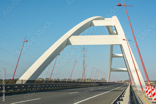 The Pentele Bridge or M8 Danube Bridge spanning river Danube between Dunavecse and Dunaujvaros in Hungary © Nigar