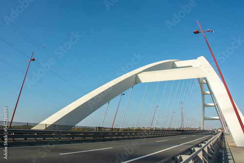 The Pentele Bridge or M8 Danube Bridge spanning river Danube between Dunavecse and Dunaujvaros in Hungary