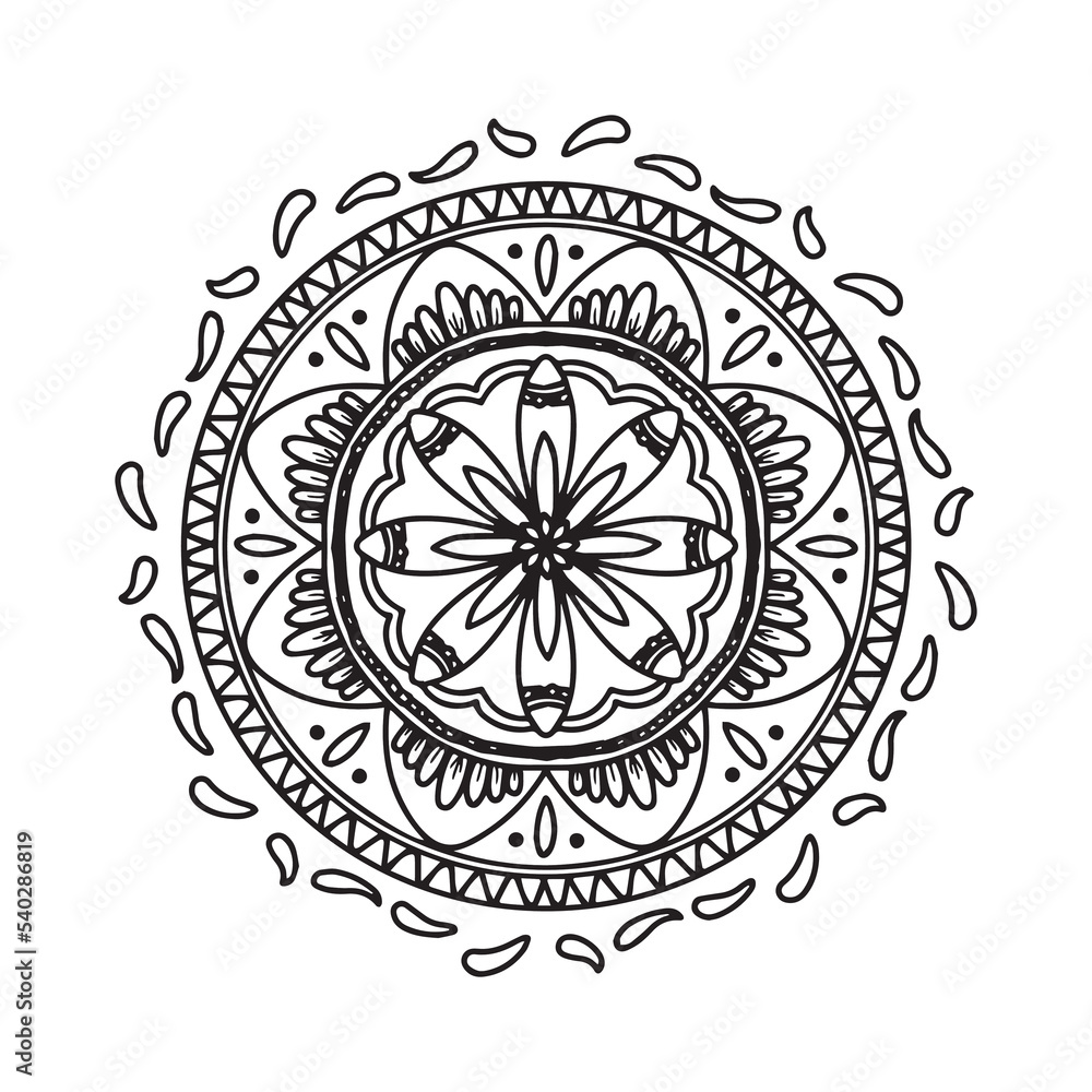 Circular mandala black and white pattern, decorated with Bohemian cool mandala art, henna flowers, Mehndi rite and monochrome symmetric. Coloring book page mandal, Anti-stress therapy.  
