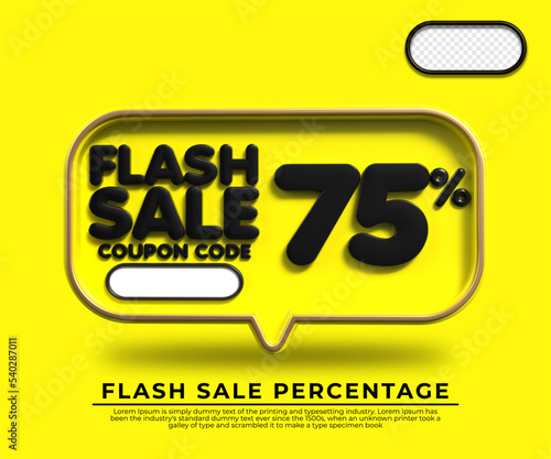 3D flash sale discount number 75% with yellow black colors, online shop banner, special offer, black friday