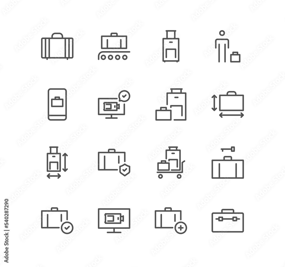 Set of baggage and travel icons, bag size, special none format baggage and linear variety vectors. Set of baggage and travel icons, bag size, special none format baggage and linear variety vectors.