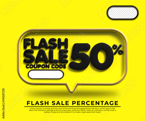 3D flash sale discount number 50% with yellow black colors, online shop banner, special offer, black friday