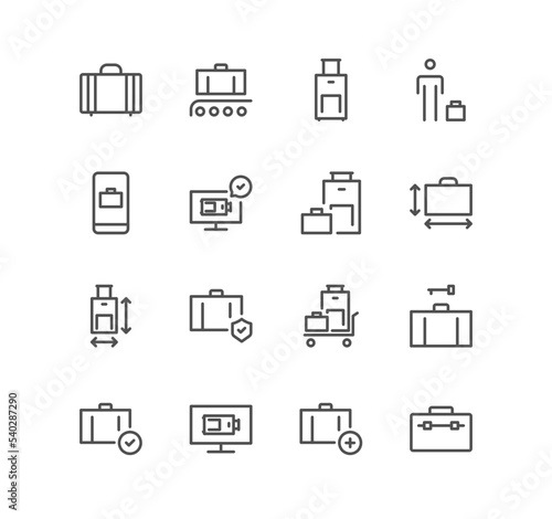 Set of baggage and travel icons, bag size, special none format baggage and linear variety vectors.