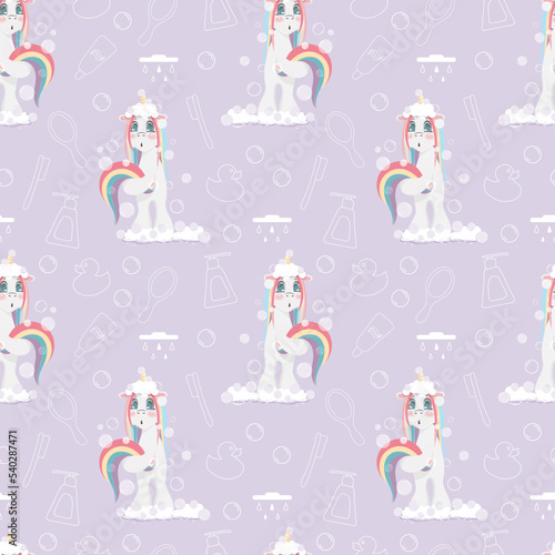 Seamless pattern surprised cute unicorn taking shower with foam and bubbles pastel colors