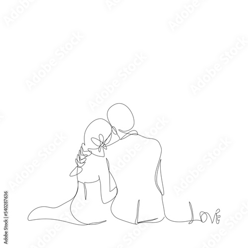 Backside of young bride and her groom sitting together in single line drawing style.Romantic couple in wedding’s days  continue line.Vector illustration isolate flat design concept of Valentine’s Day.