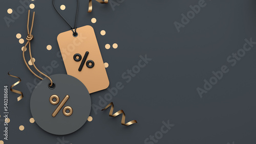 Black Friday banner background template with two tags and copy space in flat lay 3D rendering. Promotional marketing discount and online shopping concept photo