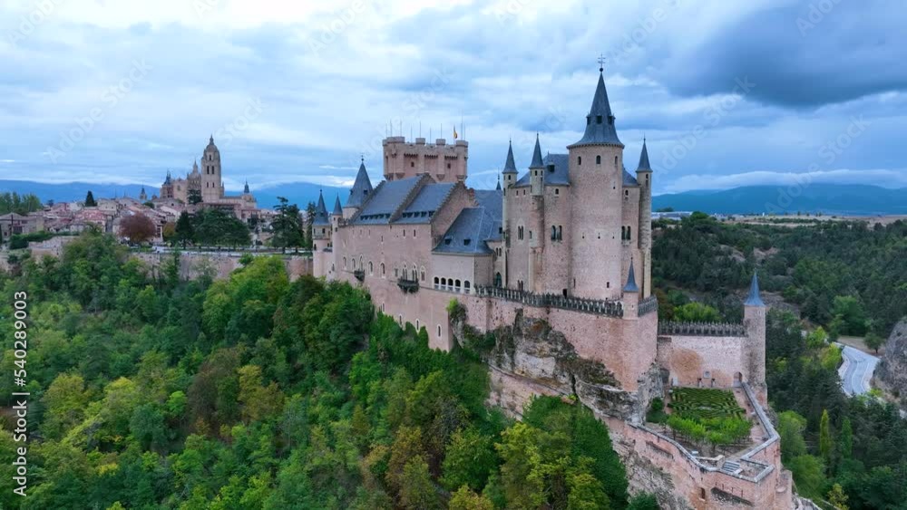 Panoramic view of the city of Segovia with the Alcazar and the Cathedral. Aerial view from a drone. Province of Segovia. Castile and Leon. Spain. Europe Panoramic view of the city of Segovia with the Alcazar and the Cathedral. Aerial view from a drone. Province of Segovia. Castile and Leon. Spain. Europe