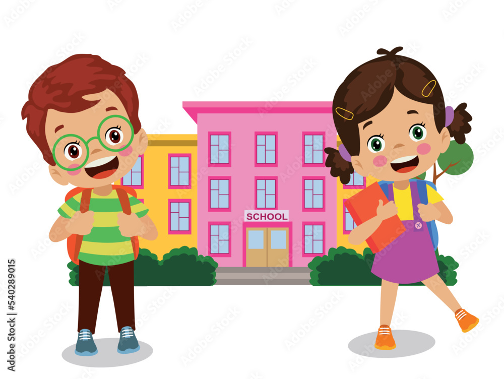 cute happy little kids going to school with school bags on their backs cute happy little kids going to school with school bags on their backs