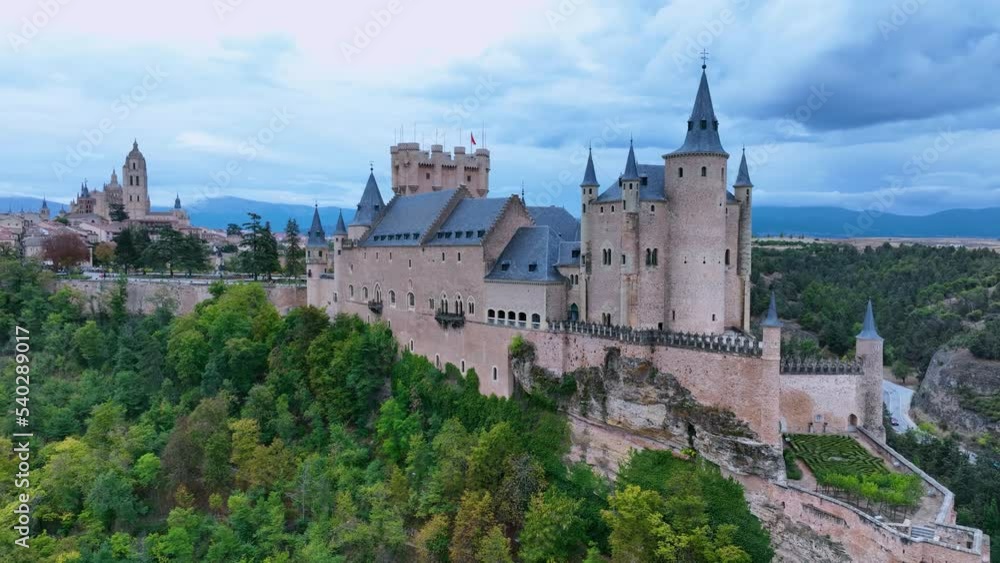 Panoramic view of the city of Segovia with the Alcazar and the Cathedral. Aerial view from a drone. Province of Segovia. Castile and Leon. Spain. Europe Panoramic view of the city of Segovia with the Alcazar and the Cathedral. Aerial view from a drone. Province of Segovia. Castile and Leon. Spain. Europe