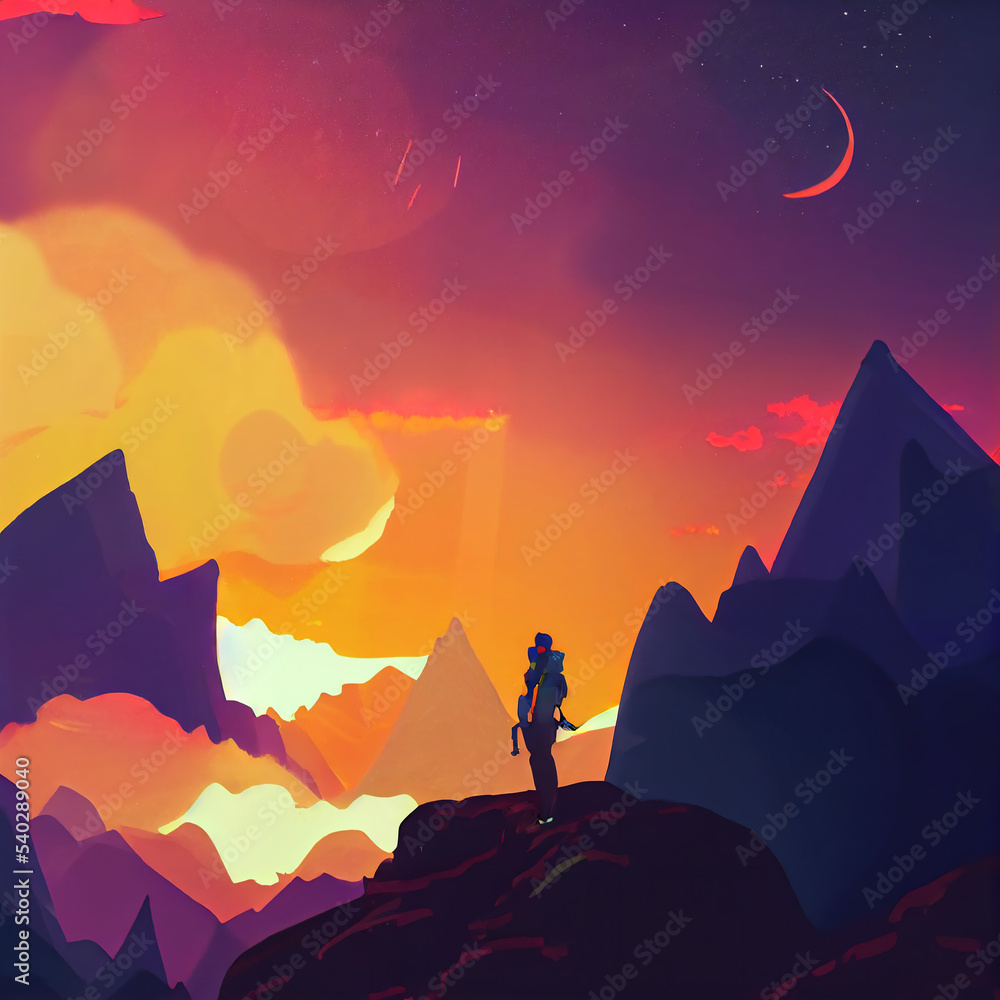 2D digital oil painting illustration, a climber standing on the top of a mountain, a simple, modern, and saturated color art concept.