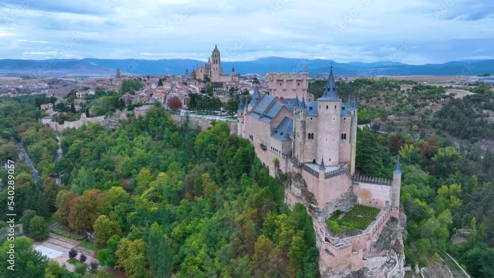Panoramic view of the city of Segovia with the Alcazar and the Cathedral. Aerial view from a drone. Province of Segovia. Castile and Leon. Spain. Europe Panoramic view of the city of Segovia with the Alcazar and the Cathedral. Aerial view from a drone. Province of Segovia. Castile and Leon. Spain. Europe