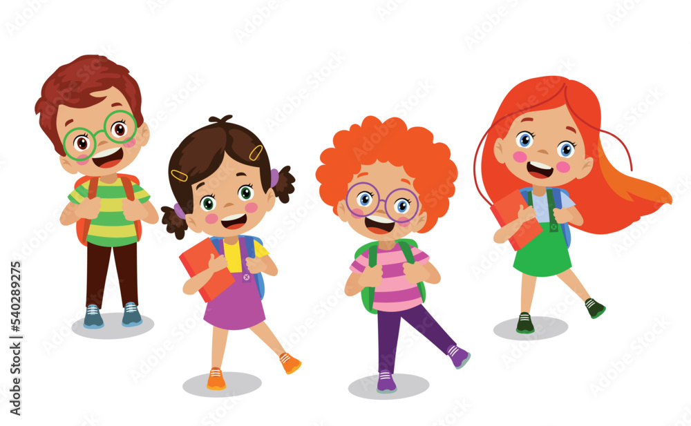 cute happy little kids going to school with school bags on their backs cute happy little kids going to school with school bags on their backs