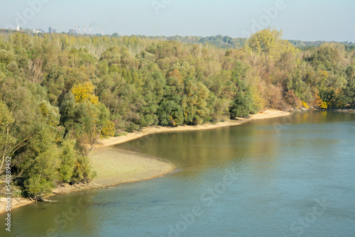 View of Danube River from the Pentele Bridge on M8 motorway near Apostag village in Bacs-Kiskun county, in the Southern Great Plain region of Hungary photo