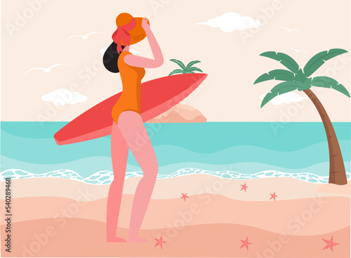 Holiday vector concept: Sexy woman standing in the beach while holding surfing board